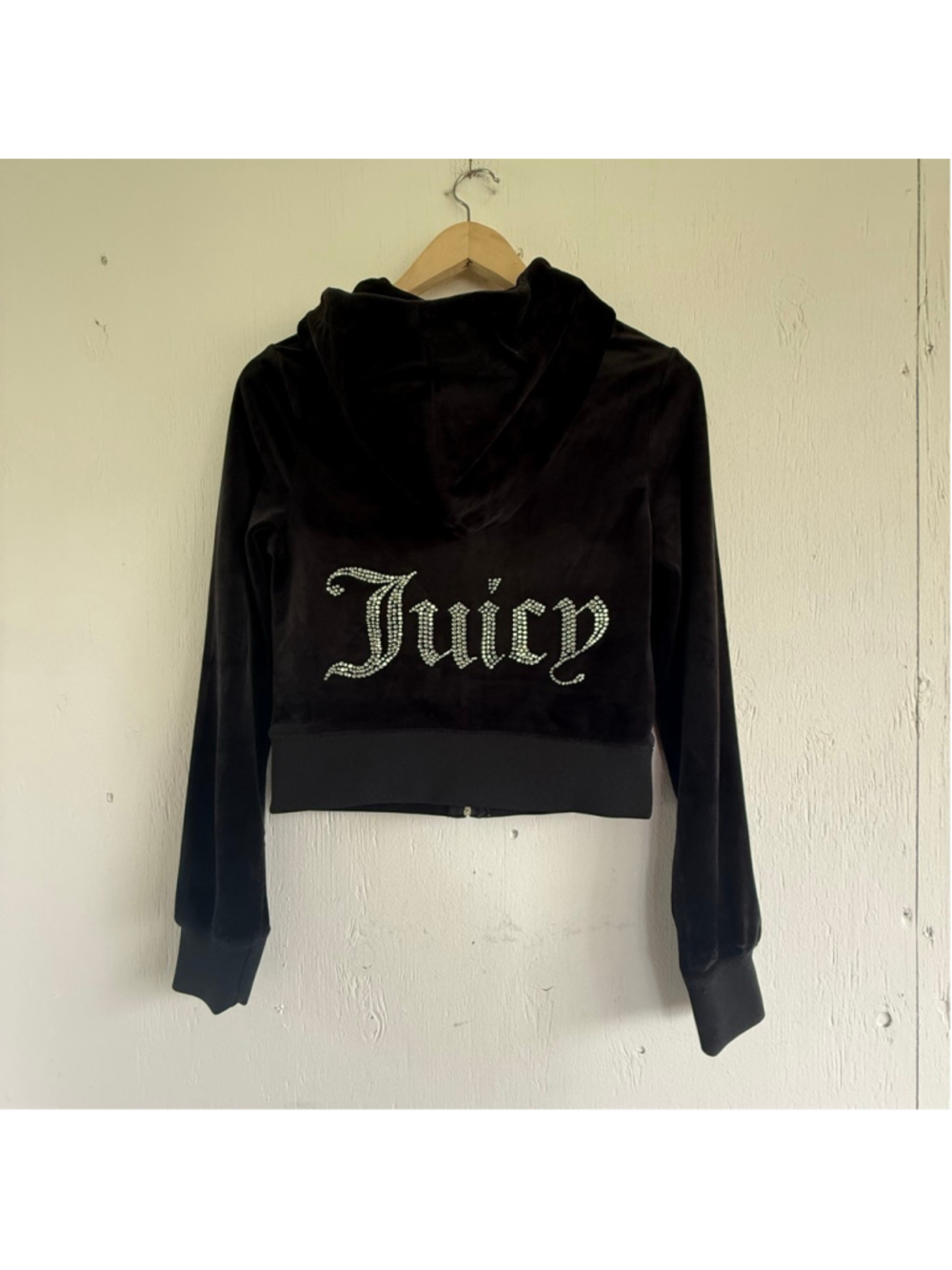 Juicy Couture Black Velour Rhinestone Hoodie - Size Small